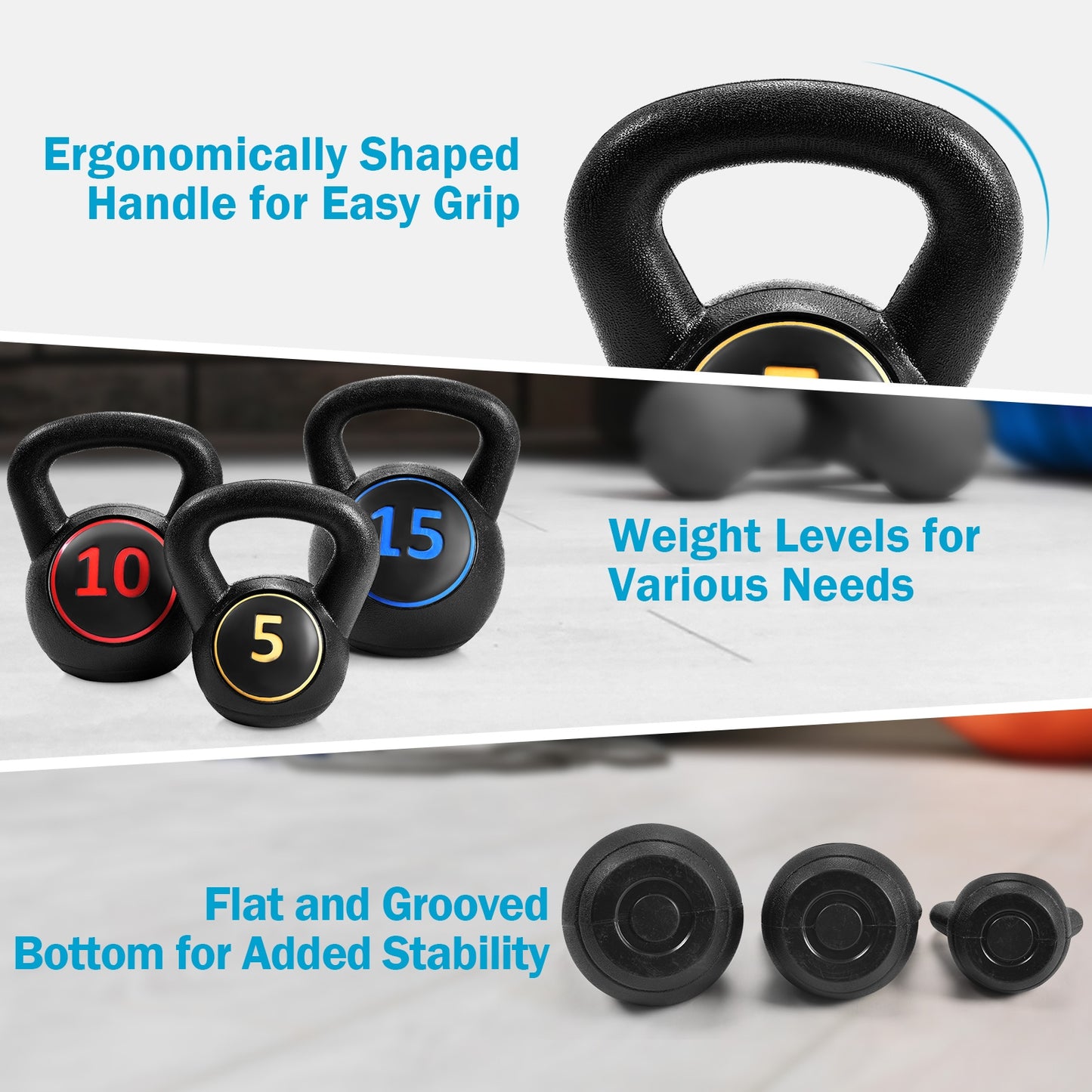 3 Pieces 5 10 15lbs Kettlebell Weight Set, Black Weights Accessories at Gallery Canada