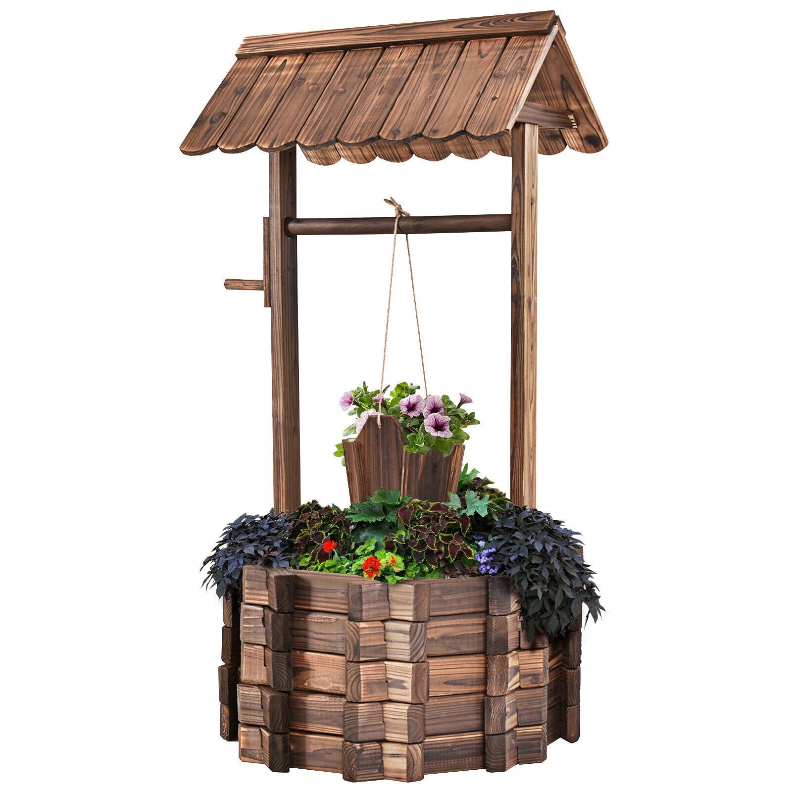 Outdoor Wooden Wishing Well Planter Bucket, Natural Outdoor Decor at Gallery Canada