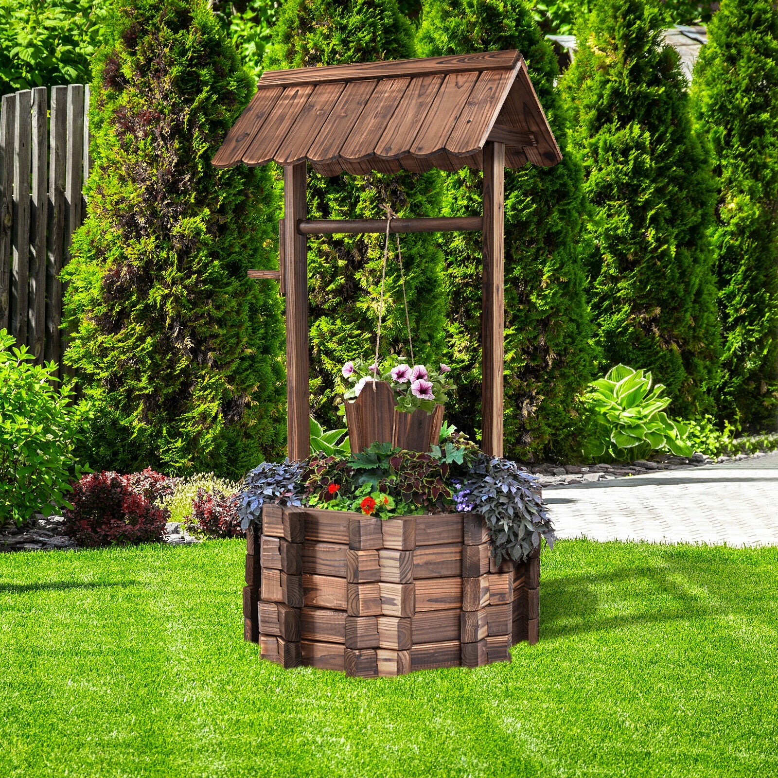 Outdoor Wooden Wishing Well Planter Bucket, Natural Outdoor Decor at Gallery Canada