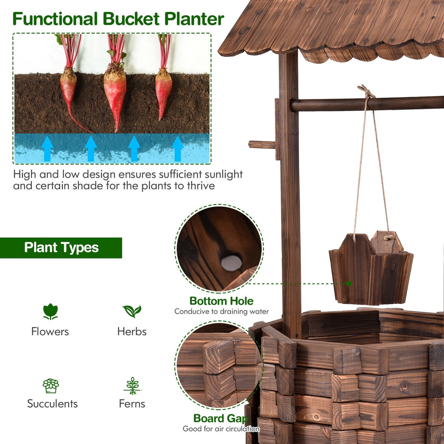 Outdoor Wooden Wishing Well Planter Bucket, Natural Outdoor Decor at Gallery Canada