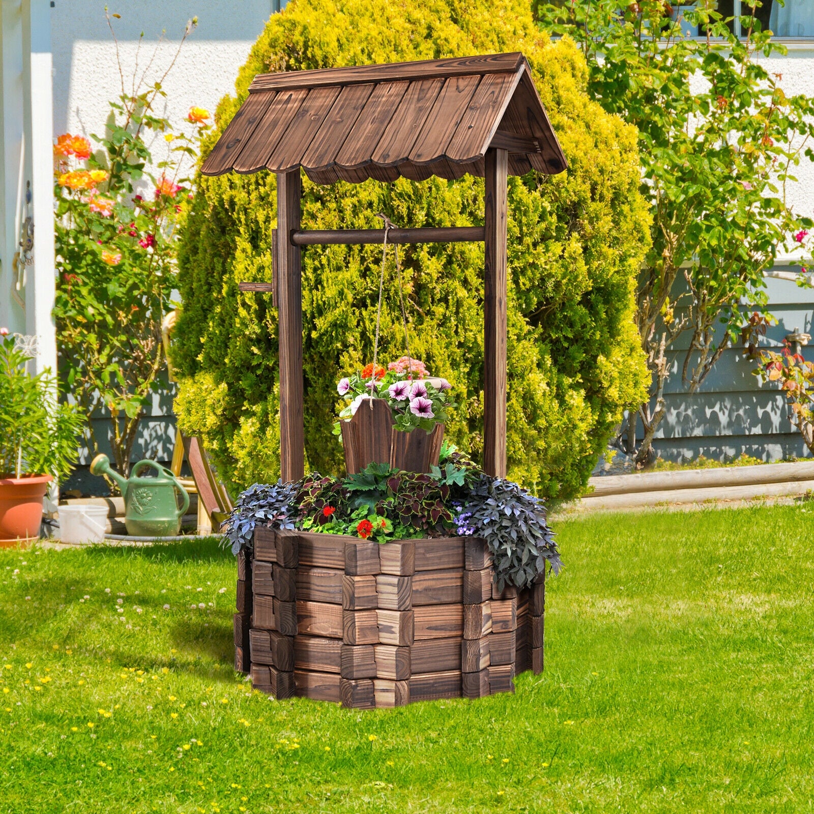 Outdoor Wooden Wishing Well Planter Bucket, Natural Outdoor Decor at Gallery Canada