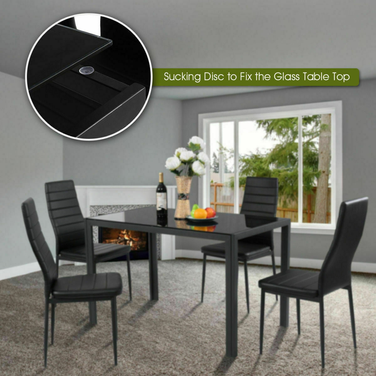 5 Pieces Metal Frame and Glass Tabletop Dining Set, Black Dining Room Sets at Gallery Canada