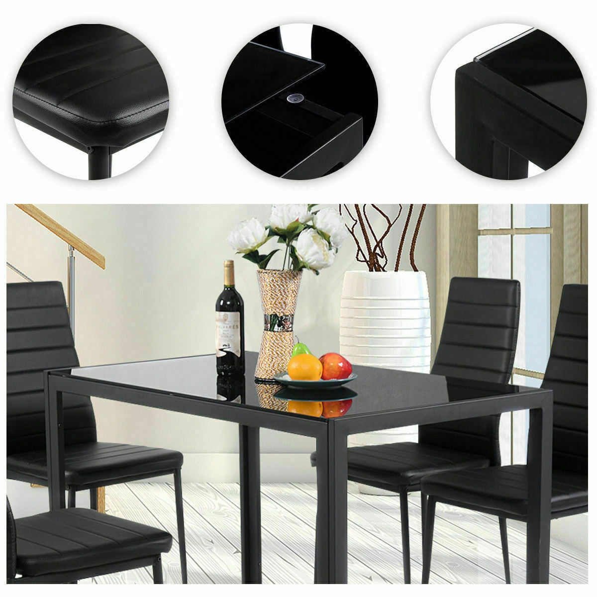 5 Pieces Metal Frame and Glass Tabletop Dining Set, Black Dining Room Sets at Gallery Canada