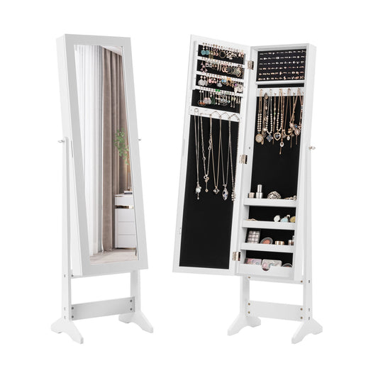 New Mirrored Jewelry Cabinet Armoire Mirror Organizer Storage Box Ring w/ Stand, White