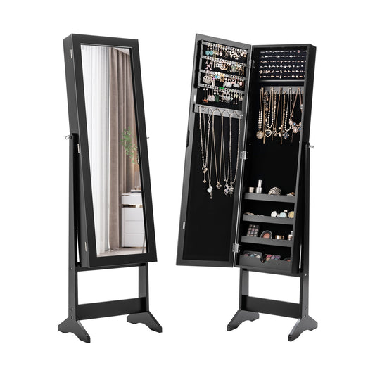 New Mirrored Jewelry Cabinet Armoire Mirror Organizer Storage Box Ring w/ Stand, Black