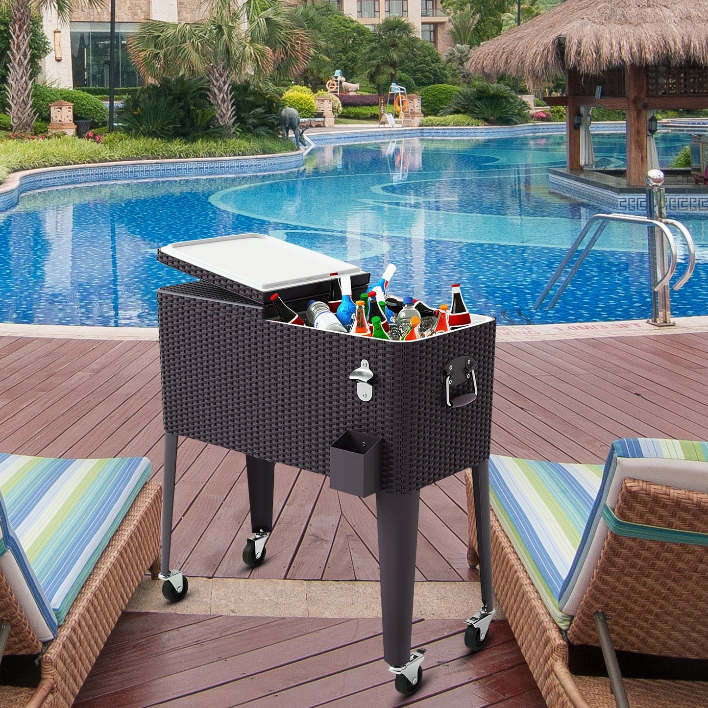 80QT Outdoor Party Portable Rattan Rolling Cooler Cart, Brown Patio Bar Furniture at Gallery Canada