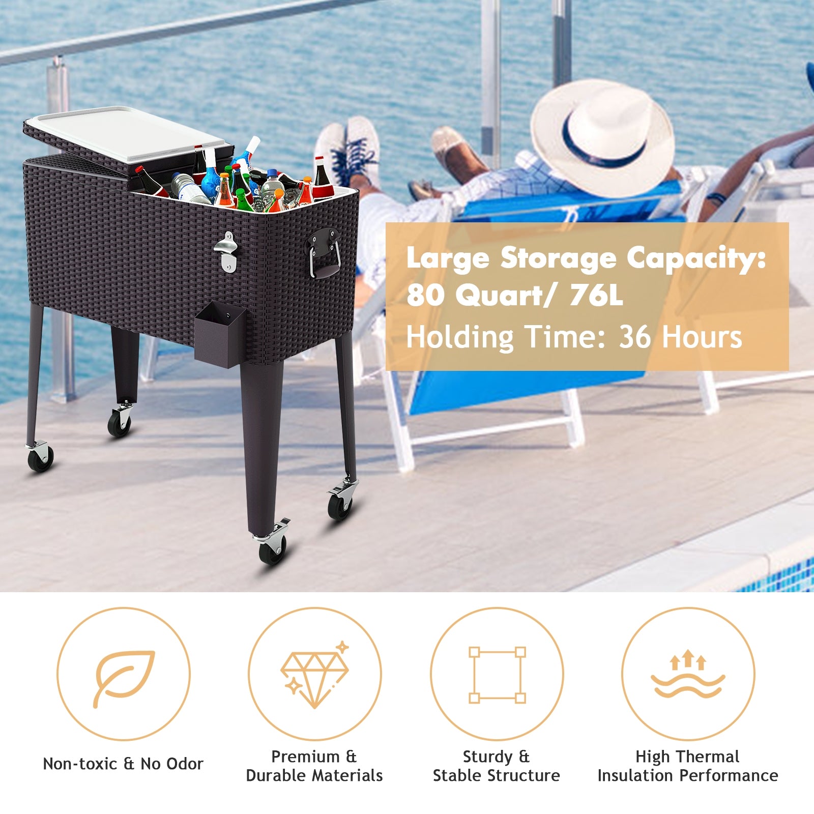 80QT Outdoor Party Portable Rattan Rolling Cooler Cart, Brown Patio Bar Furniture at Gallery Canada