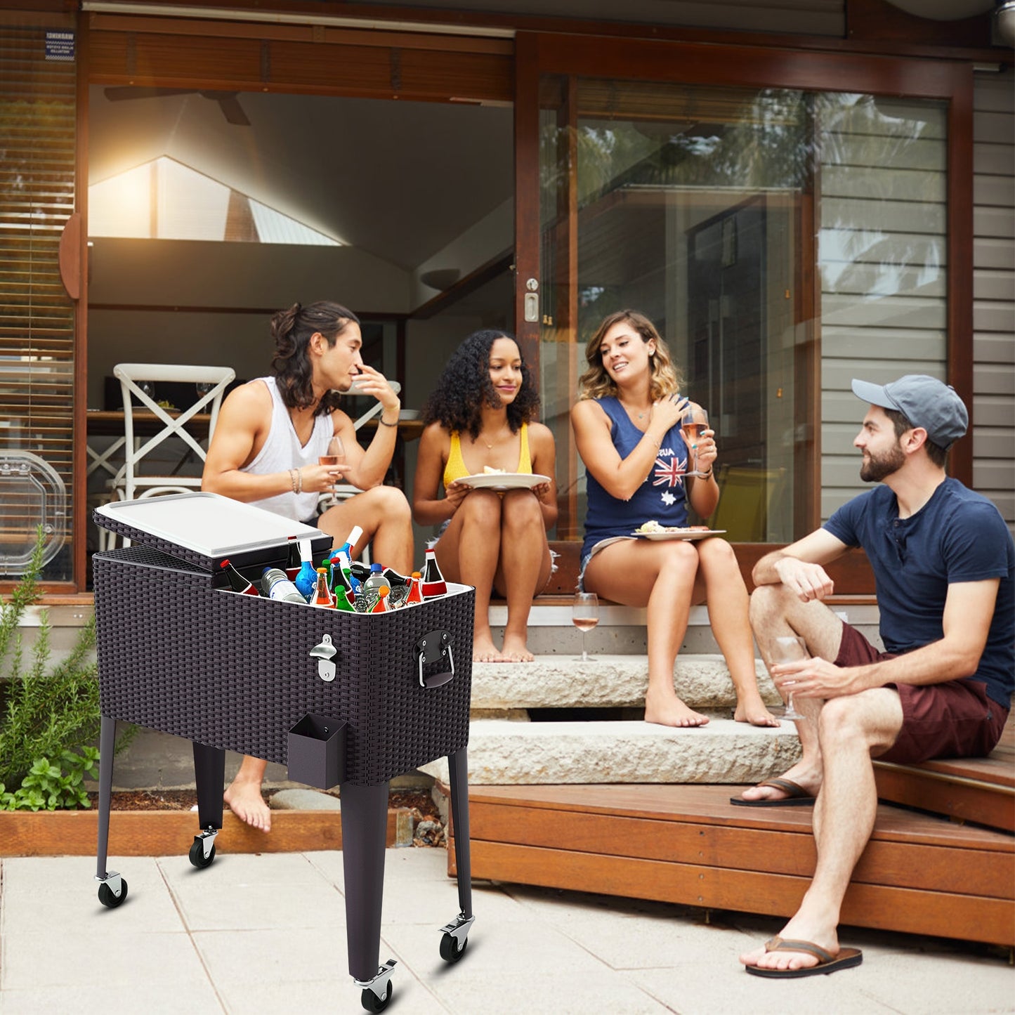 80QT Outdoor Party Portable Rattan Rolling Cooler Cart, Brown Patio Bar Furniture at Gallery Canada