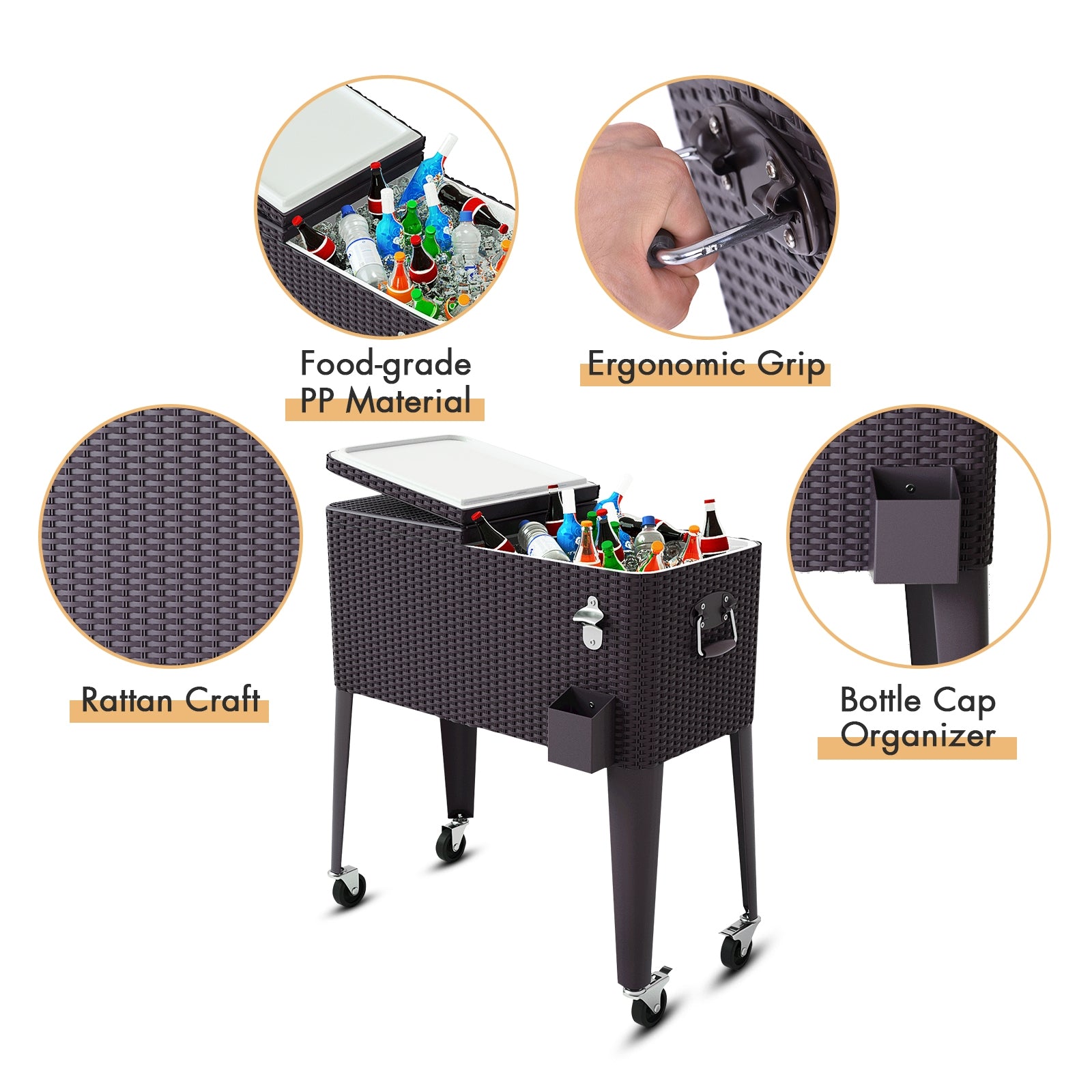 80QT Outdoor Party Portable Rattan Rolling Cooler Cart, Brown Patio Bar Furniture at Gallery Canada