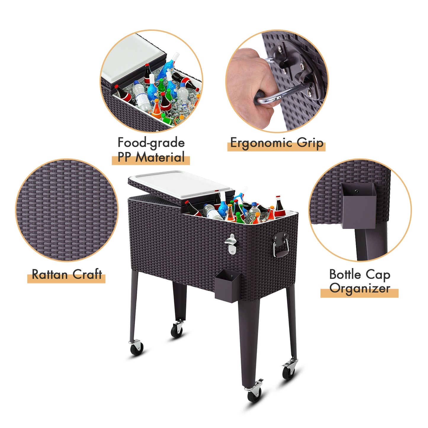 80QT Outdoor Party Portable Rattan Rolling Cooler Cart, Brown Patio Bar Furniture at Gallery Canada