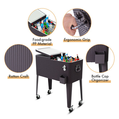 80QT Outdoor Party Portable Rattan Rolling Cooler Cart, Brown Patio Bar Furniture at Gallery Canada