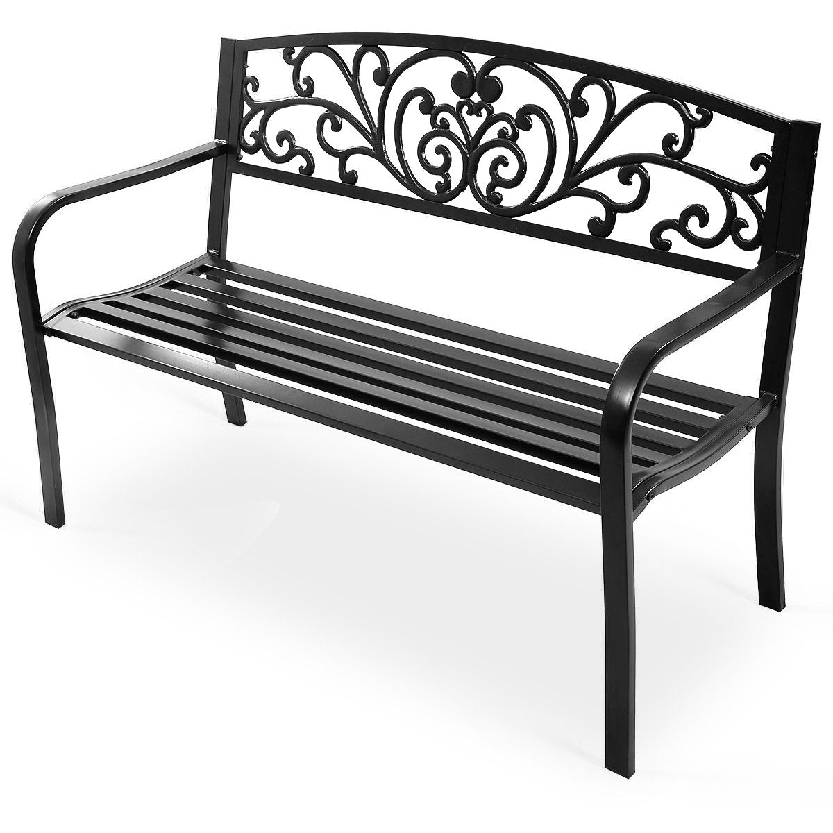 50 Inch Patio Park Steel Frame Cast Iron Backrest Bench Porch Chair, Black Outdoor Benches Black at Gallery Canada