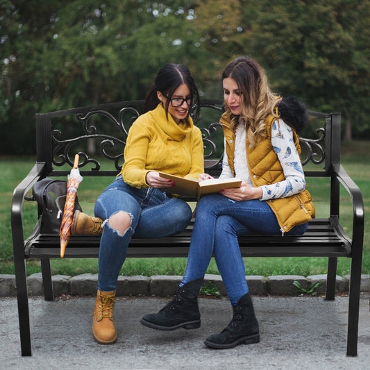 50 Inch Patio Park Steel Frame Cast Iron Backrest Bench Porch Chair, Black Outdoor Benches Black at Gallery Canada