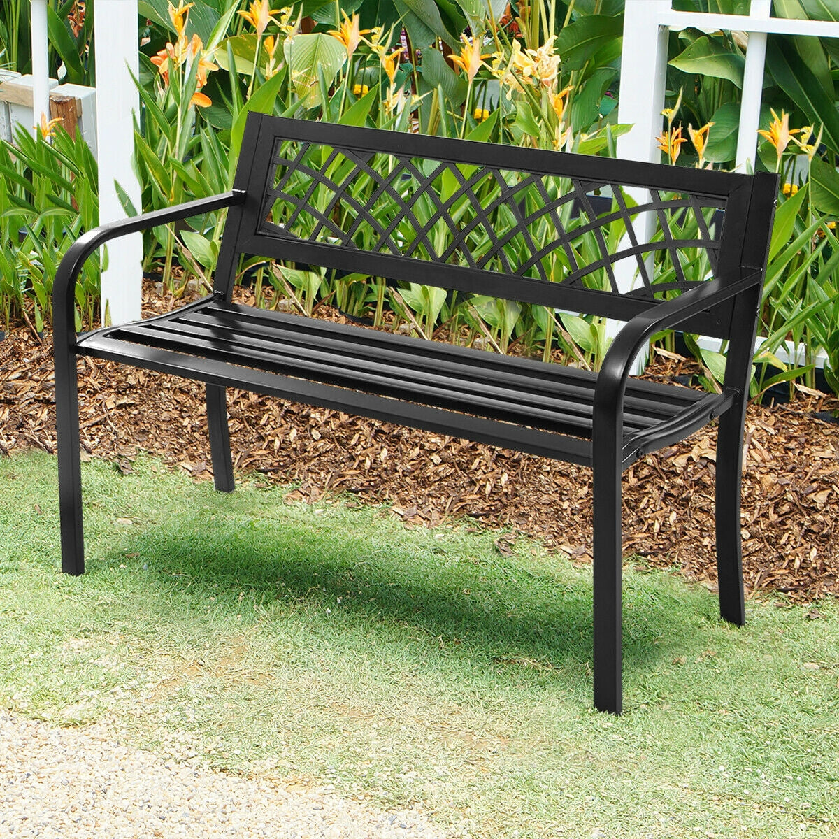 Bench Deck with Steel Frame for outdoor, Black Outdoor Benches at Gallery Canada