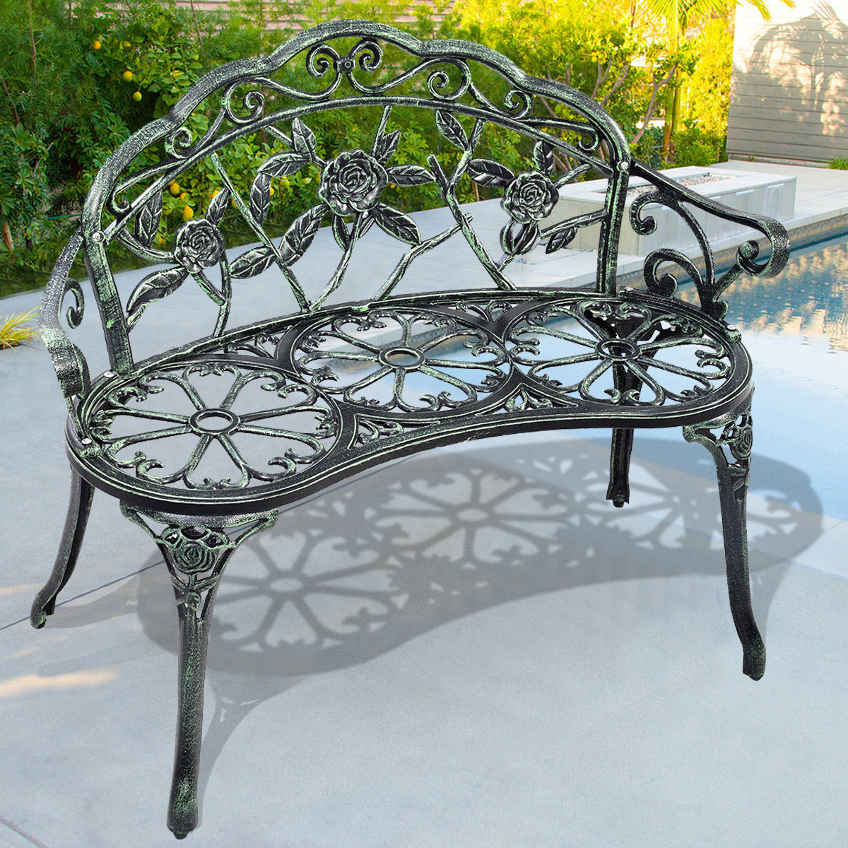 Outdoor Cast Aluminum Patio Bench Antique Rose, Green Outdoor Benches at Gallery Canada