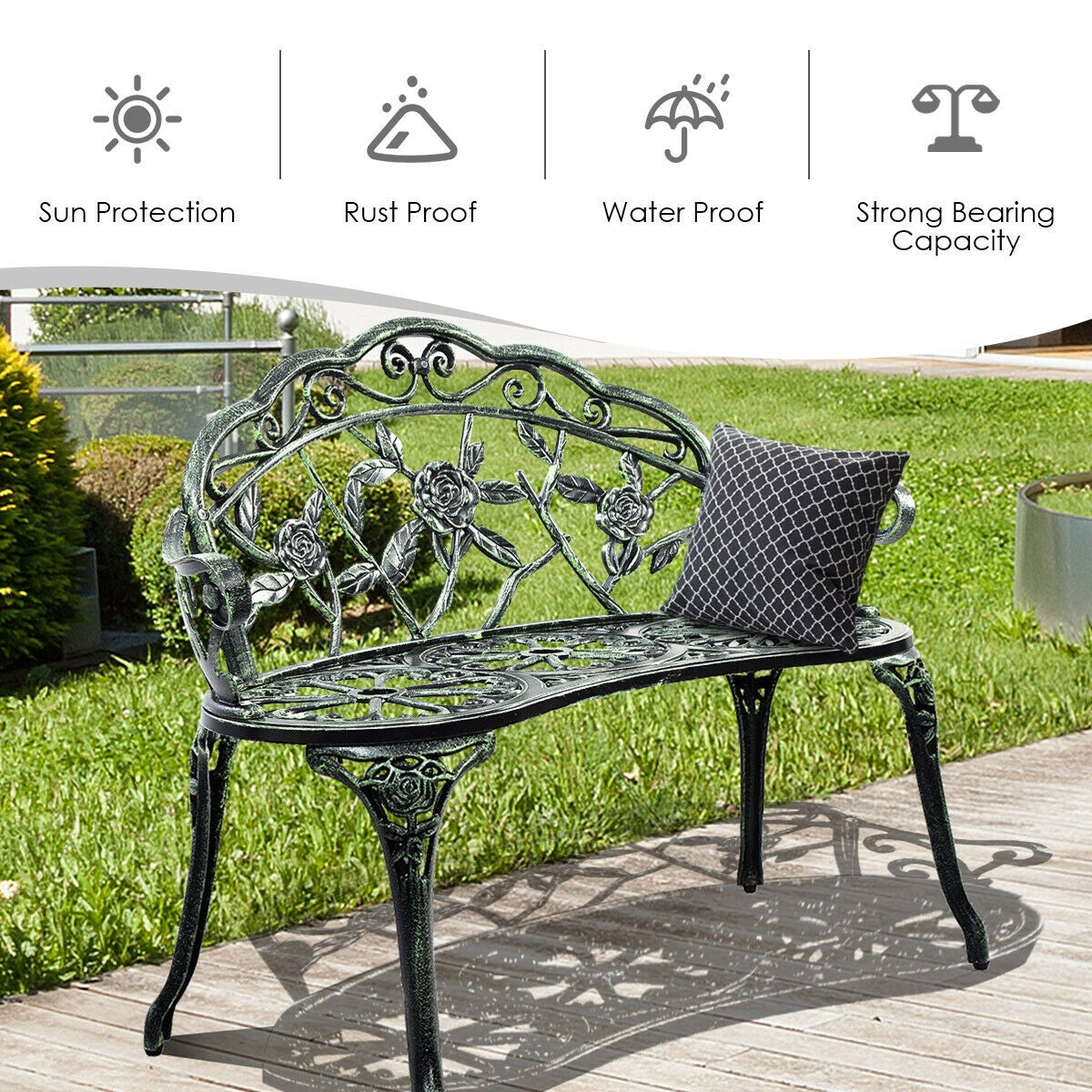 Outdoor Cast Aluminum Patio Bench Antique Rose, Green Outdoor Benches at Gallery Canada
