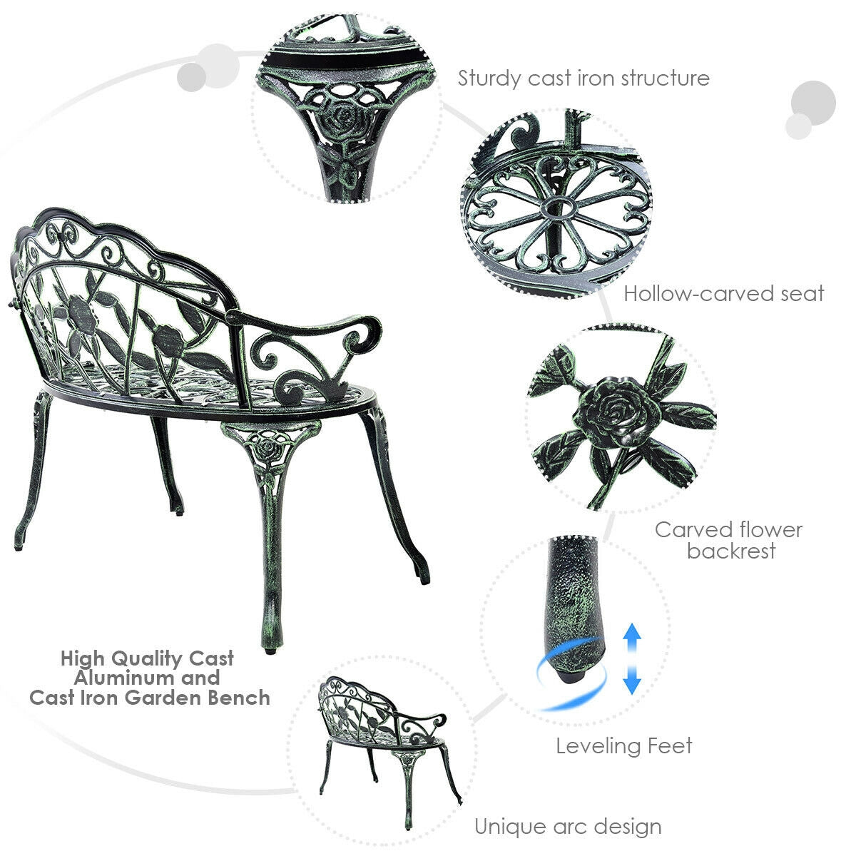 Outdoor Cast Aluminum Patio Bench Antique Rose, Green Outdoor Benches at Gallery Canada