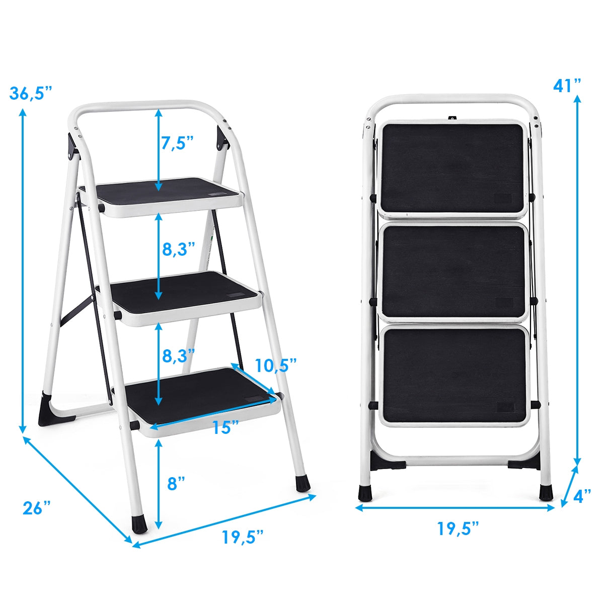Folding 3-Step Ladder with Handgrip and Anti-Slip Platform, White Ladders at Gallery Canada