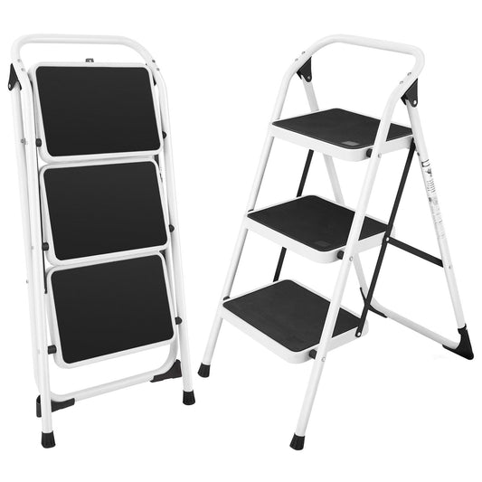 Folding 3-Step Ladder with Handgrip and Anti-Slip Platform, White