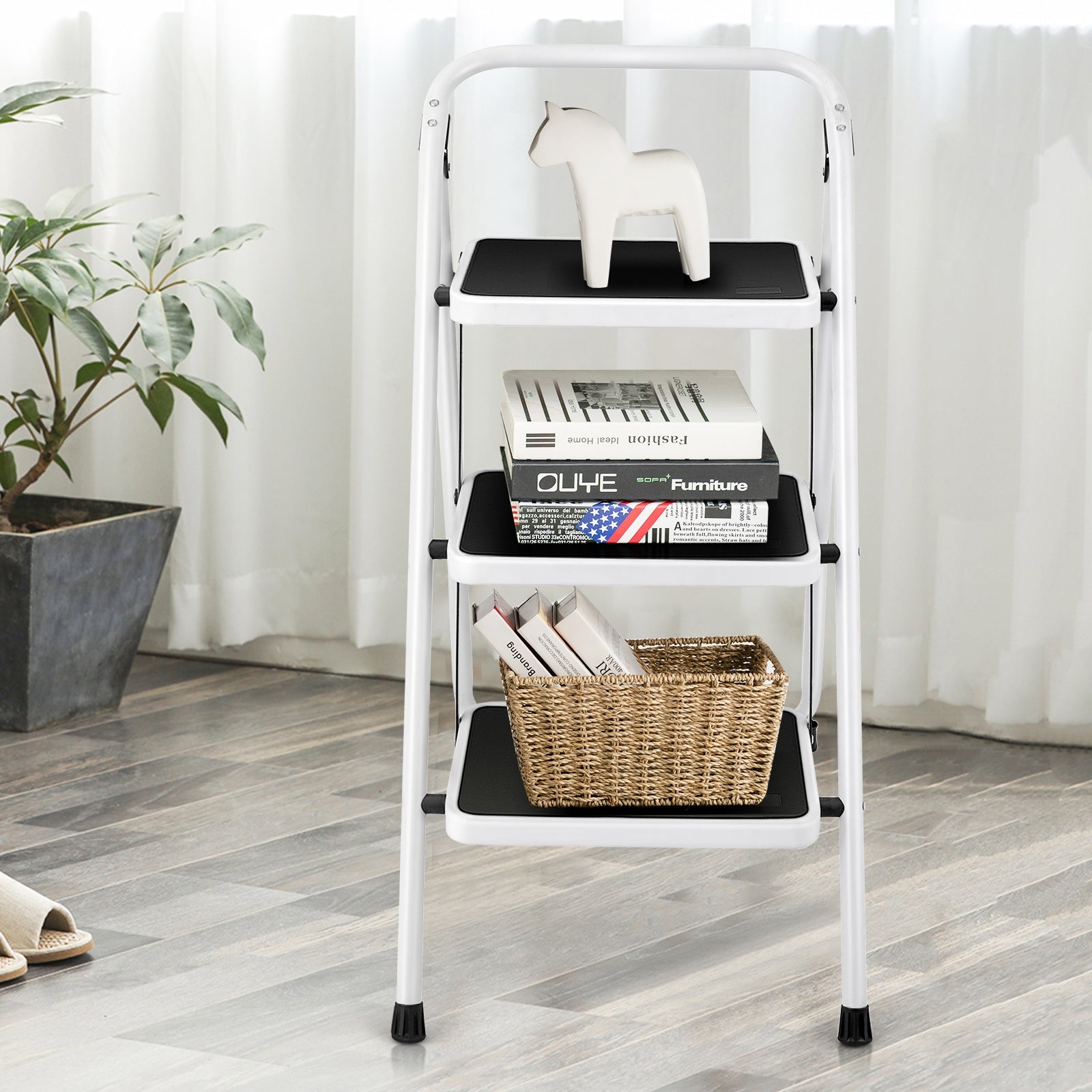 Folding 3-Step Ladder with Handgrip and Anti-Slip Platform, White Ladders at Gallery Canada