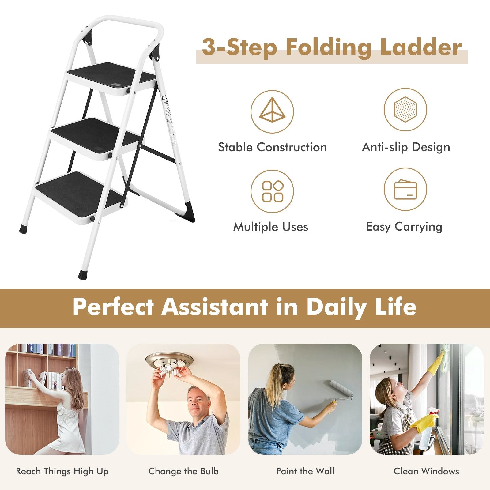 Folding 3-Step Ladder with Handgrip and Anti-Slip Platform, White - Gallery Canada