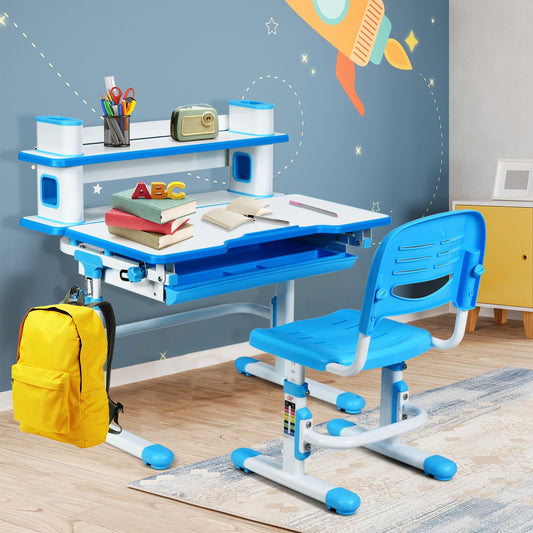 Adjustable Kids Desk and Chair Set with Bookshelf and Tilted Desktop, Blue - Gallery Canada
