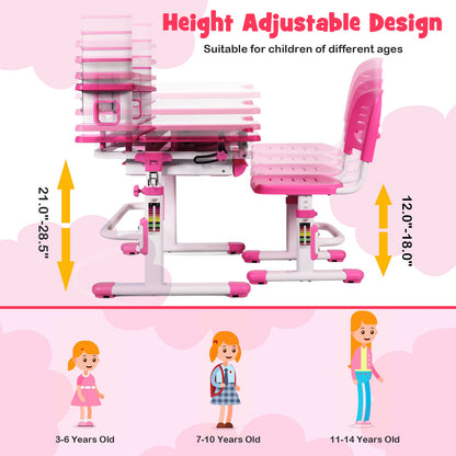 Adjustable Kids Desk and Chair Set with Bookshelf and Tilted Desktop, Pink - Gallery Canada