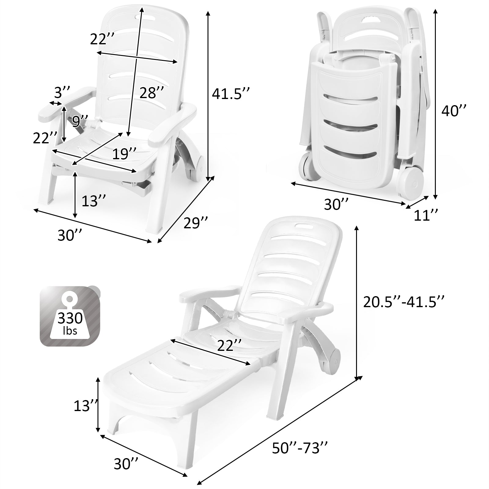Adjustable Folding Lounger Chaise Chair On Wheels, White Outdoor Chaise Lounges at Gallery Canada