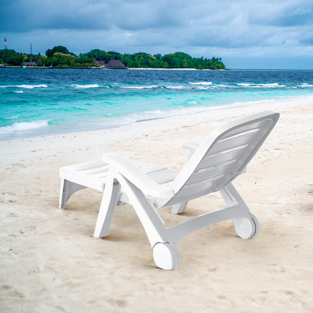 Adjustable Folding Lounger Chaise Chair On Wheels, White Outdoor Chaise Lounges at Gallery Canada