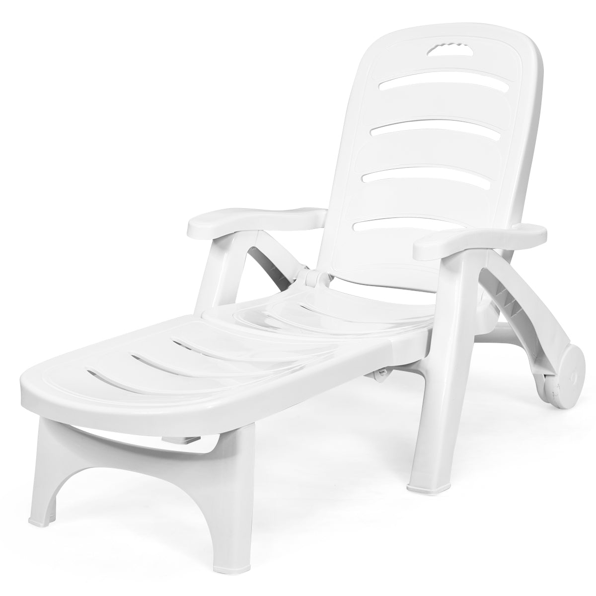 Adjustable Folding Lounger Chaise Chair On Wheels, White Outdoor Chaise Lounges at Gallery Canada