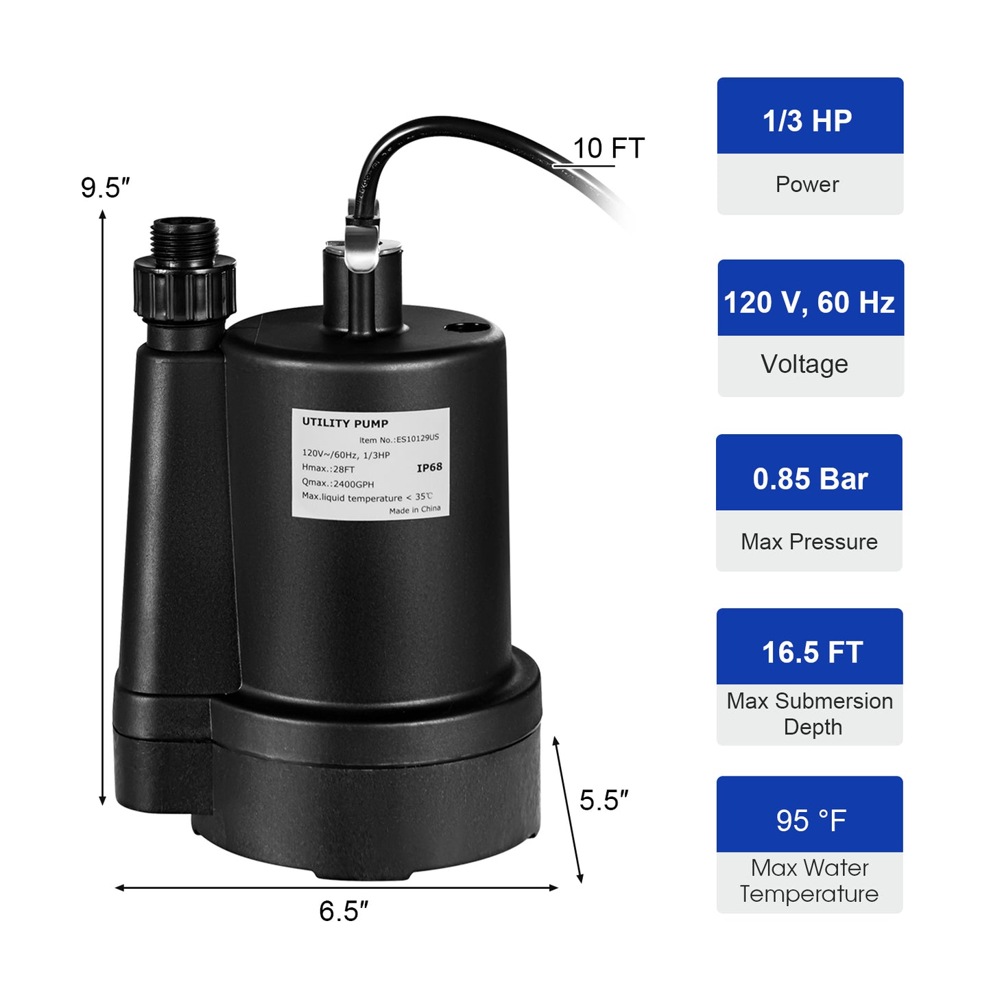 1/3HP 2400GPH Submersible Utility Pump Portable Electric Water Pump with 10 FT Cord, Black Watering & Irrigation at Gallery Canada