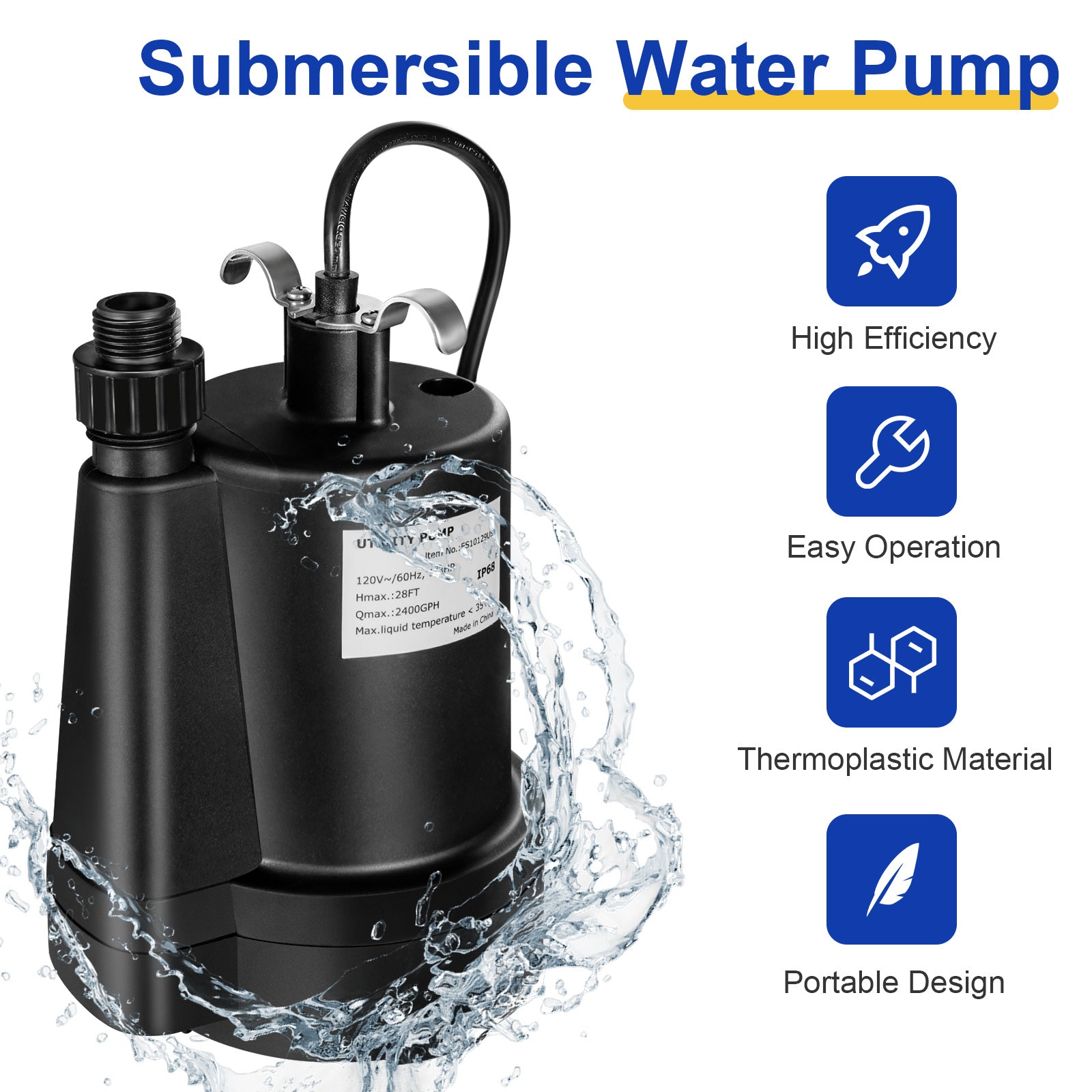 1/3HP 2400GPH Submersible Utility Pump, 10 FT Cord, Black Watering & Irrigation at Gallery Canada
