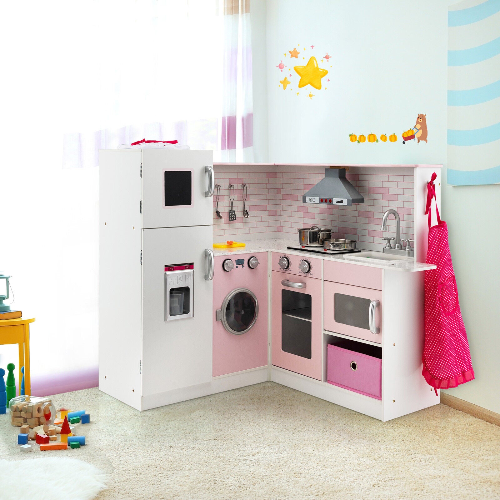 Corner Play Kitchen Wooden Toy Set with Sound and Light, Pink Play Kitchen Sets at Gallery Canada
