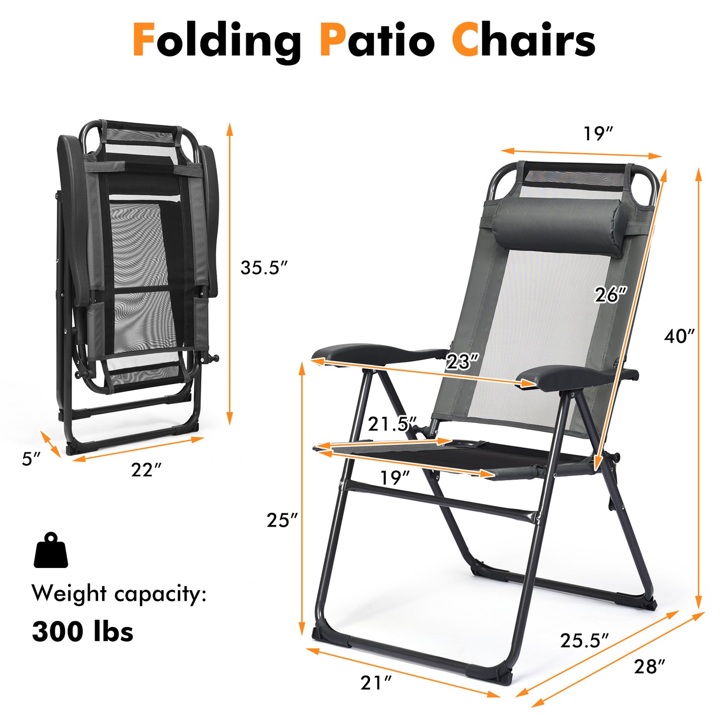 2 Pieces Patio Adjustable Folding Recliner Chairs with 7 Level Adjustable Backrest, Gray Beach & Lawn Chairs at Gallery Canada