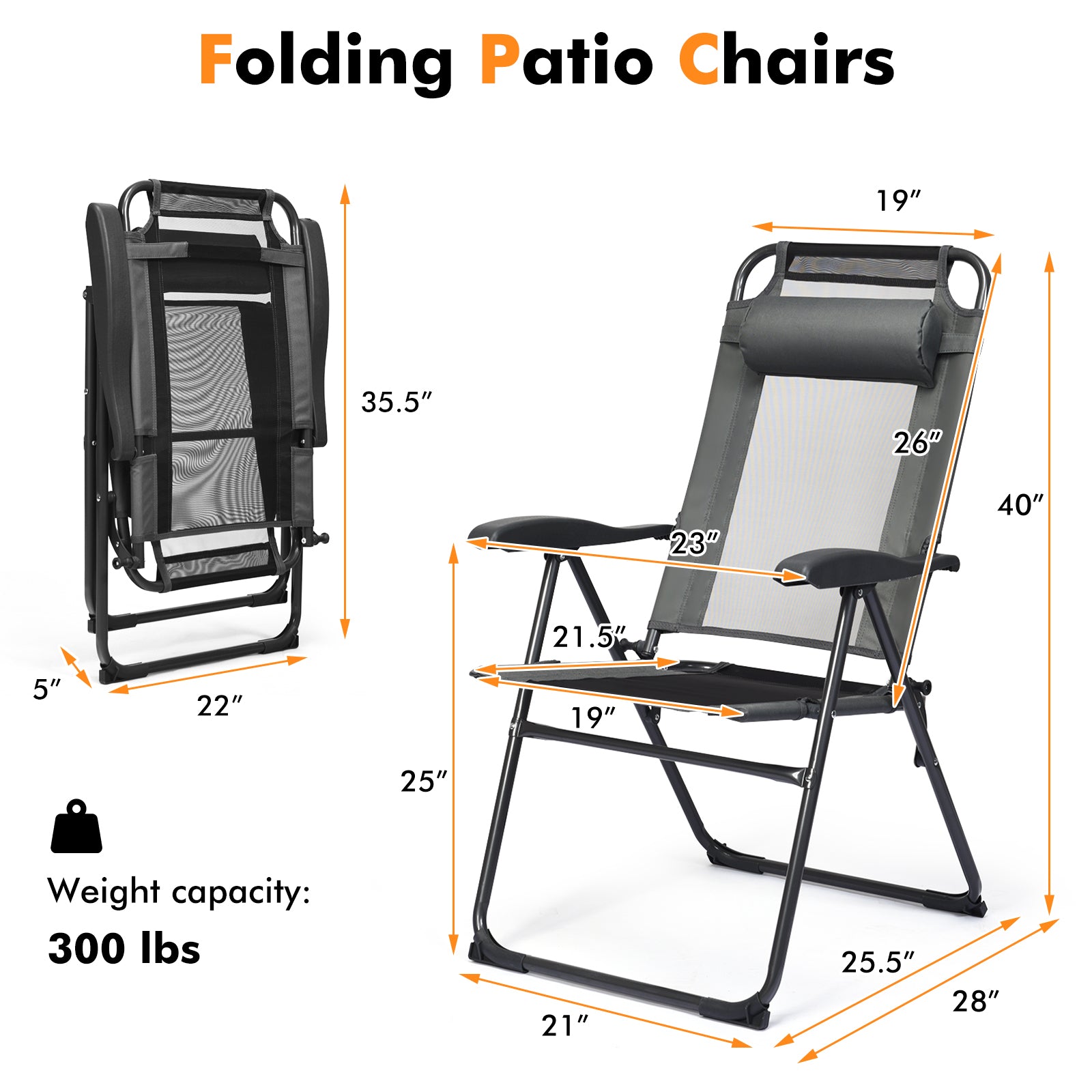 2 Piece Adjustable Folding Recliner Chairs, 7 Level Backrest, Gray Beach & Lawn Chairs at Gallery Canada