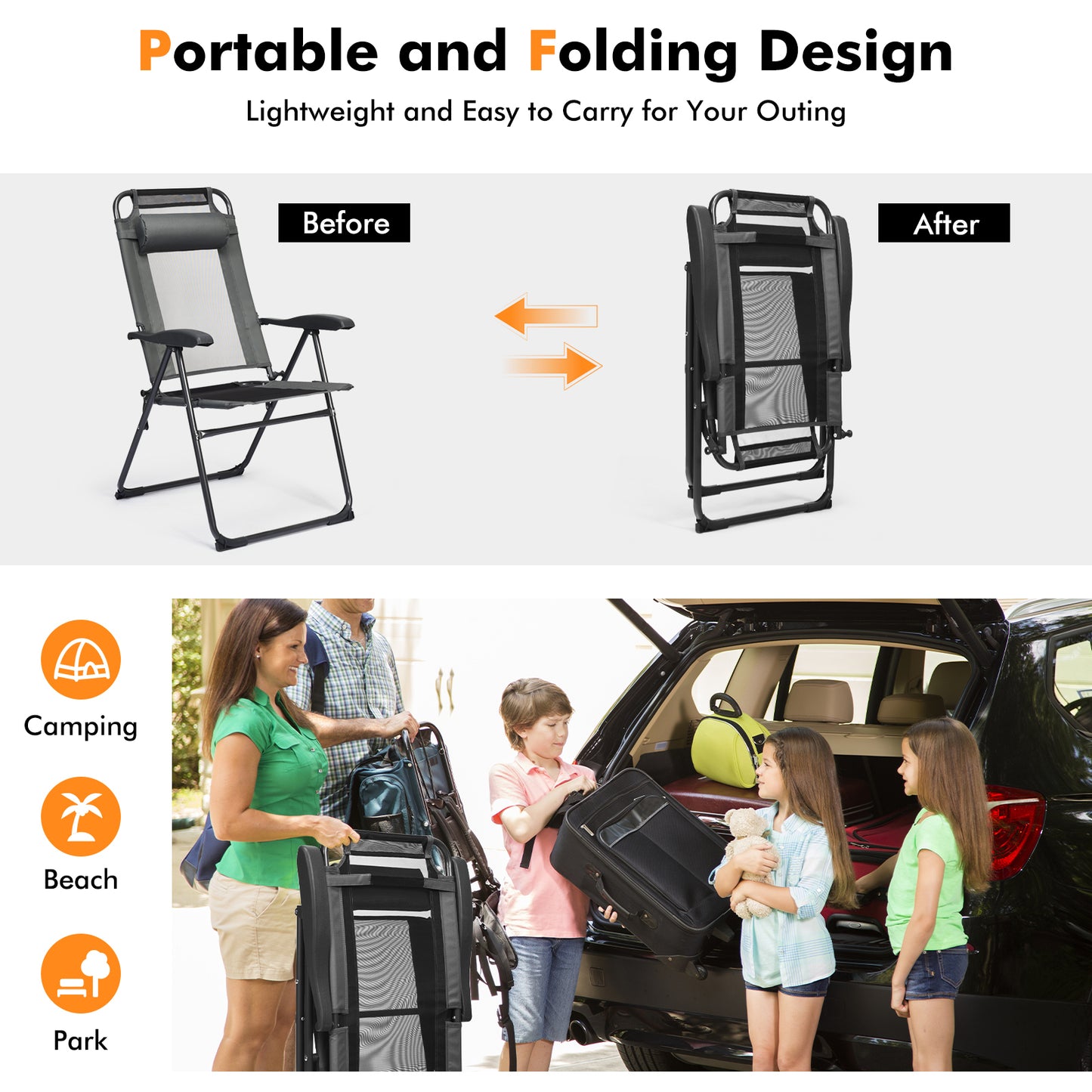 2 Pieces Patio Adjustable Folding Recliner Chairs with 7 Level Adjustable Backrest, Gray Beach & Lawn Chairs at Gallery Canada