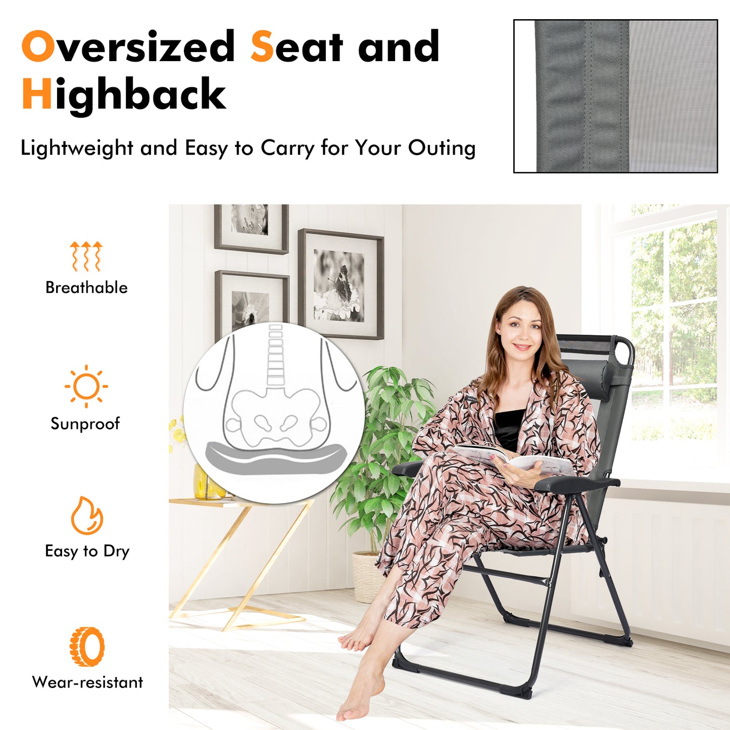 2 Pieces Patio Adjustable Folding Recliner Chairs with 7 Level Adjustable Backrest, Gray Beach & Lawn Chairs at Gallery Canada