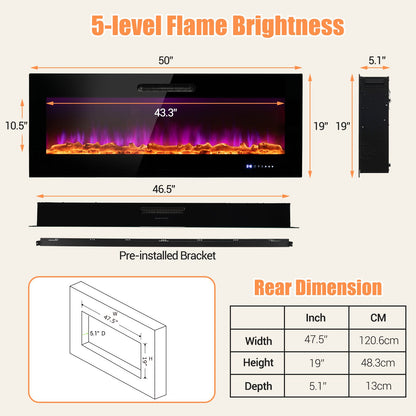 50/60 Inch Wall Mounted Recessed Electric Fireplace with Decorative Crystal and Log-50 inches, Black - Gallery Canada