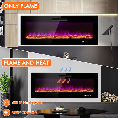50/60 Inch Wall Mounted Recessed Electric Fireplace with Decorative Crystal and Log-50 inches, Black - Gallery Canada