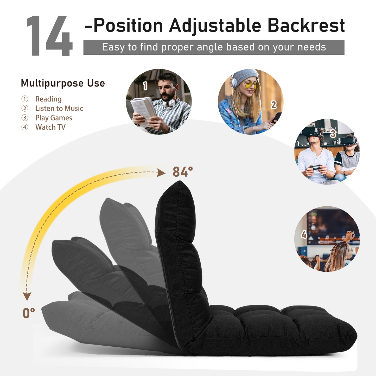 14-Position Adjustable Folding Gaming Sofa, Black Floor Chairs at Gallery Canada