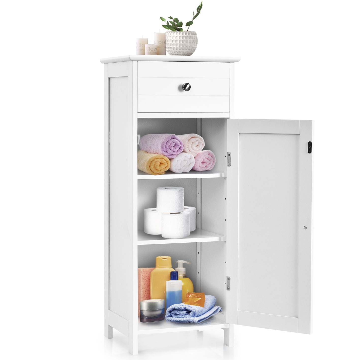 Wooden Storage Free-Standing Floor Cabinet with Drawer and Shelf, White Floor Cabinets White at Gallery Canada