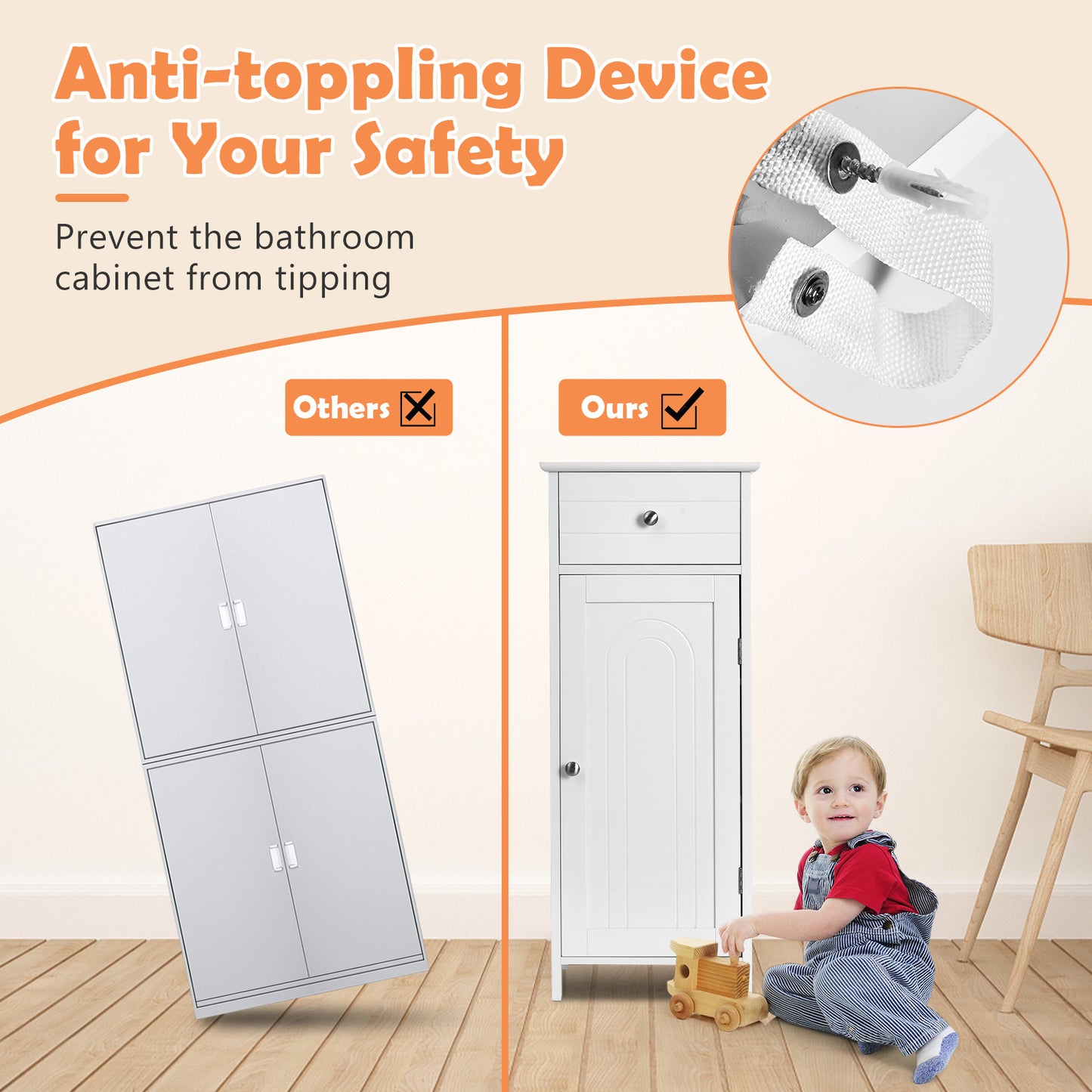 Wooden Storage Free-Standing Floor Cabinet with Drawer and Shelf, White Floor Cabinets at Gallery Canada