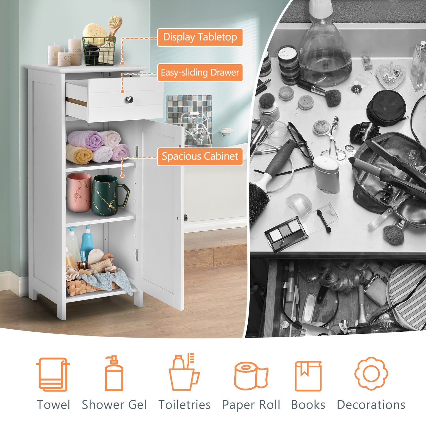 Wooden Storage Free-Standing Floor Cabinet with Drawer and Shelf, White Floor Cabinets at Gallery Canada