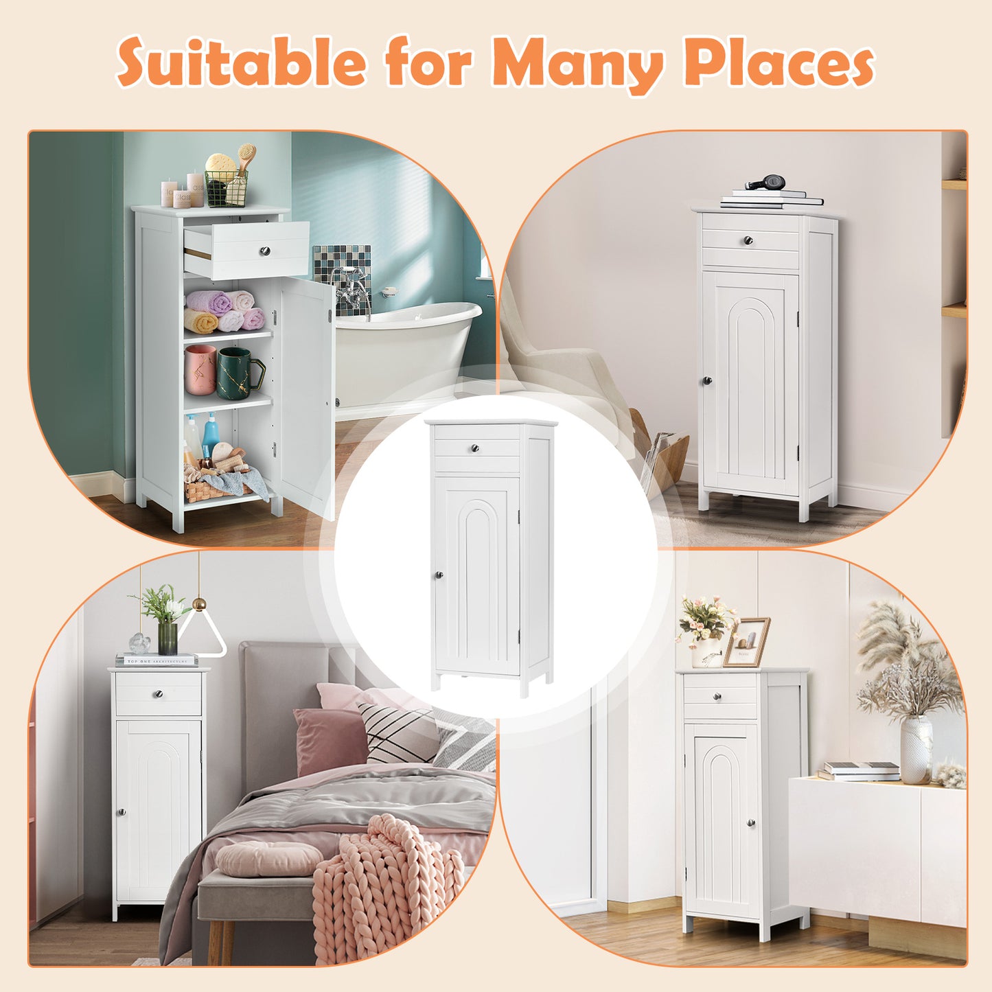 Wooden Storage Free-Standing Floor Cabinet with Drawer and Shelf, White Floor Cabinets at Gallery Canada