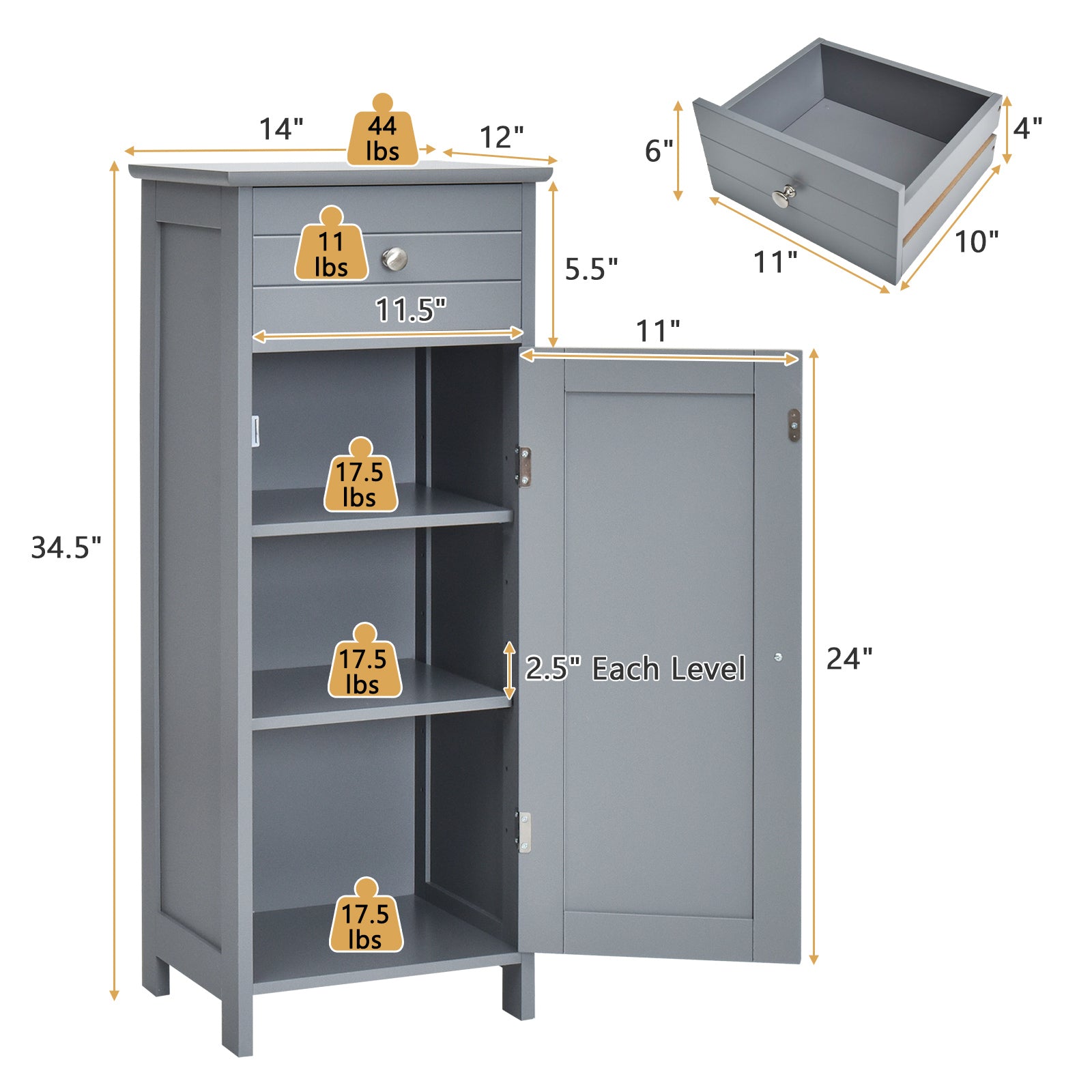 Wooden Storage Free-Standing Floor Cabinet with Drawer and Shelf, Gray Floor Cabinets at Gallery Canada