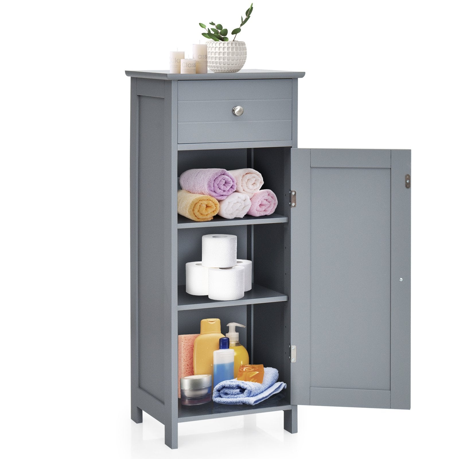 Wooden Storage Free-Standing Floor Cabinet with Drawer and Shelf, Gray Floor Cabinets Gray at Gallery Canada