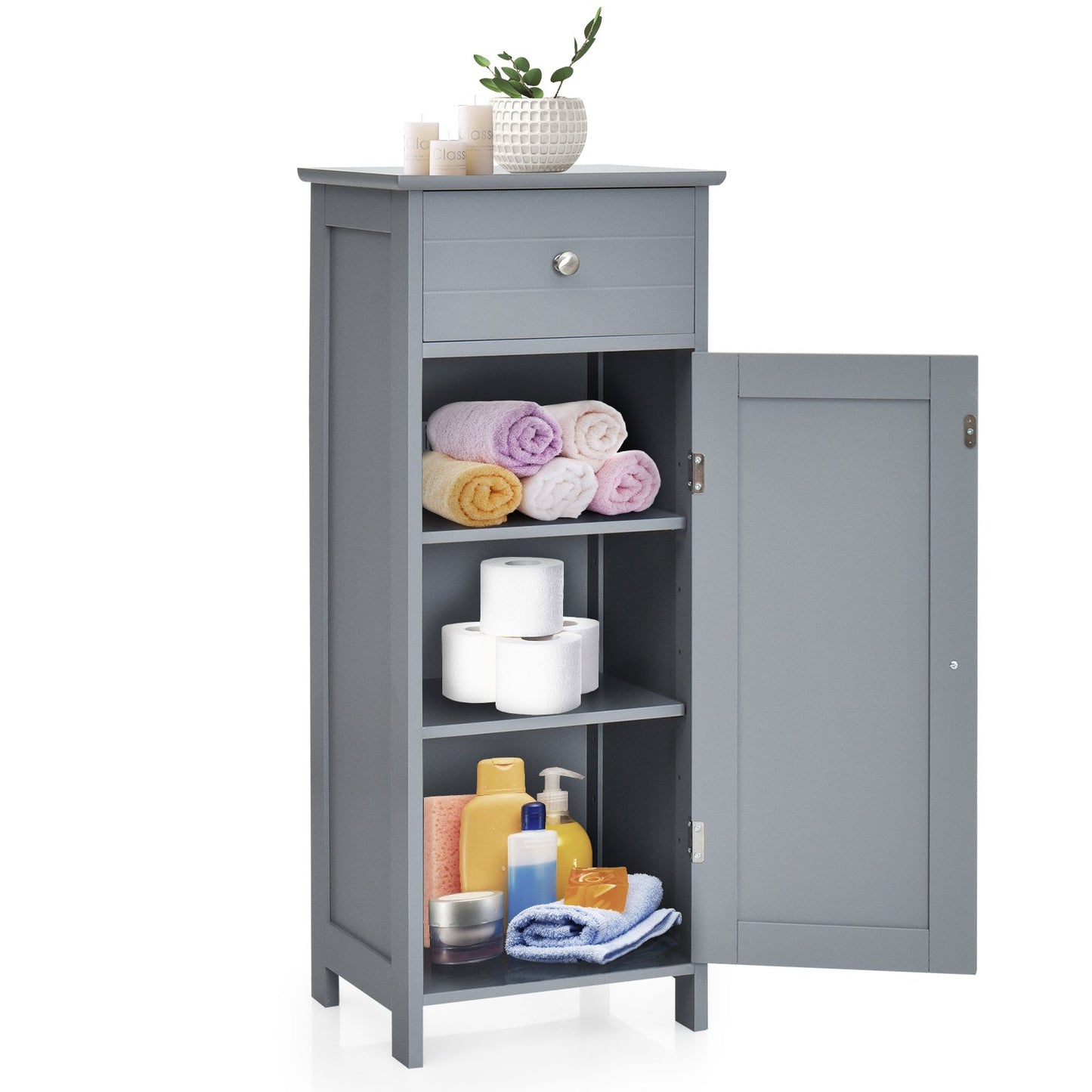 Wooden Storage Free-Standing Floor Cabinet with Drawer and Shelf, Gray Floor Cabinets Gray at Gallery Canada