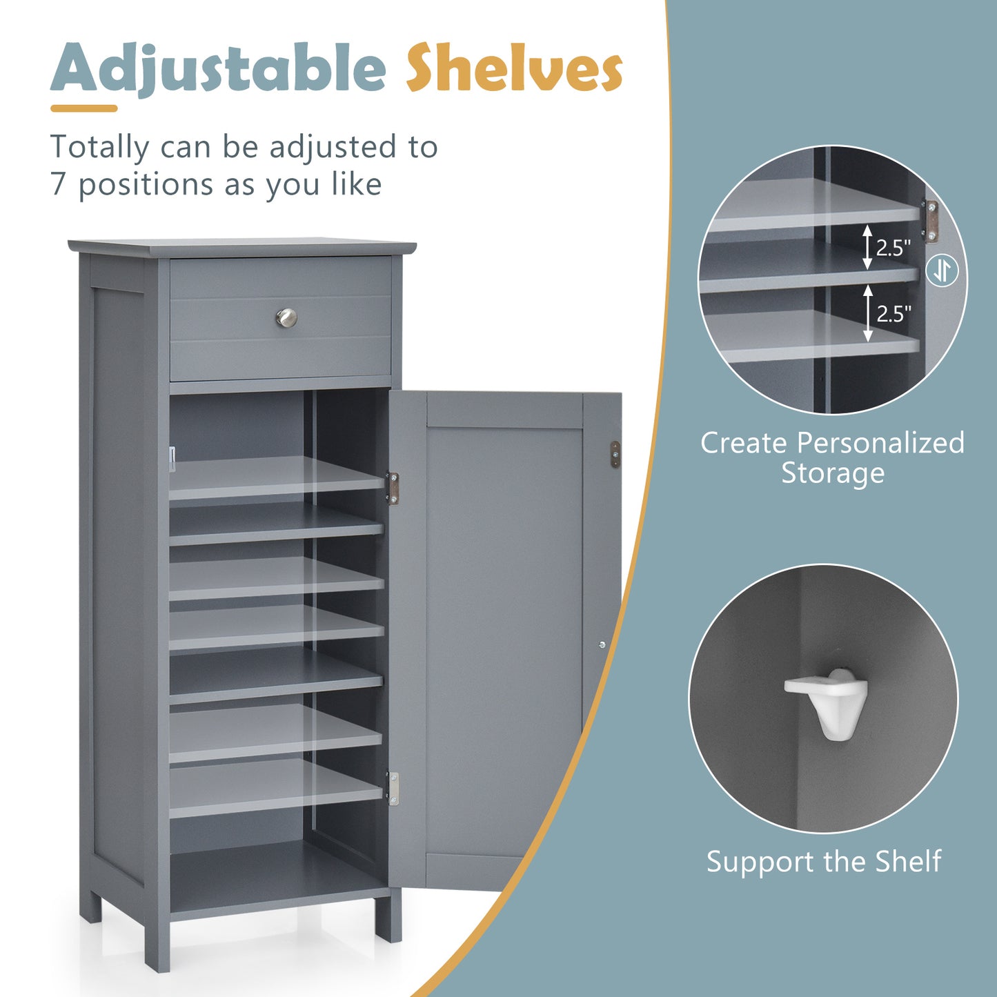 Wooden Storage Free-Standing Floor Cabinet with Drawer and Shelf, Gray Floor Cabinets at Gallery Canada