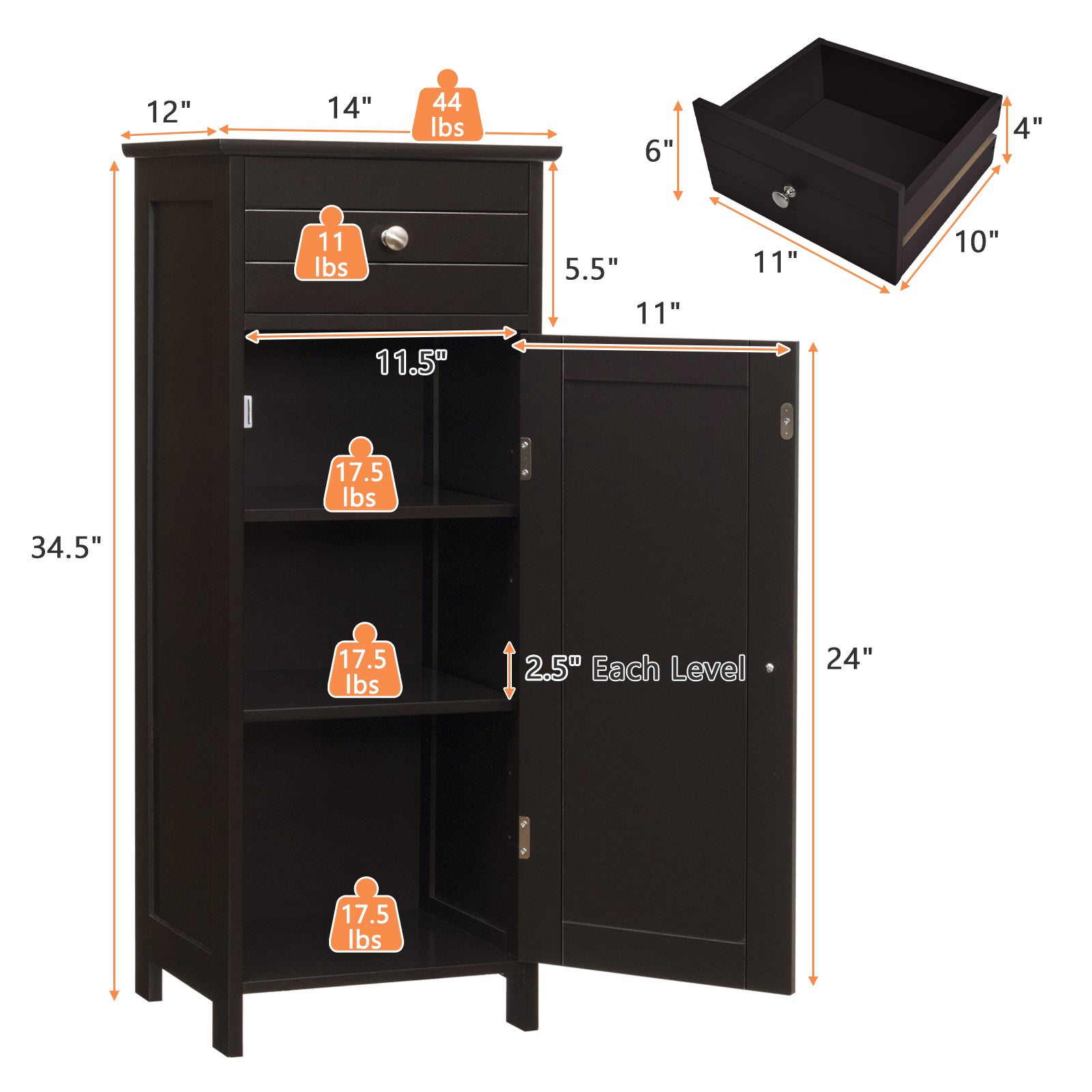 Wooden Storage Free-Standing Floor Cabinet with Drawer and Shelf, Brown Floor Cabinets at Gallery Canada