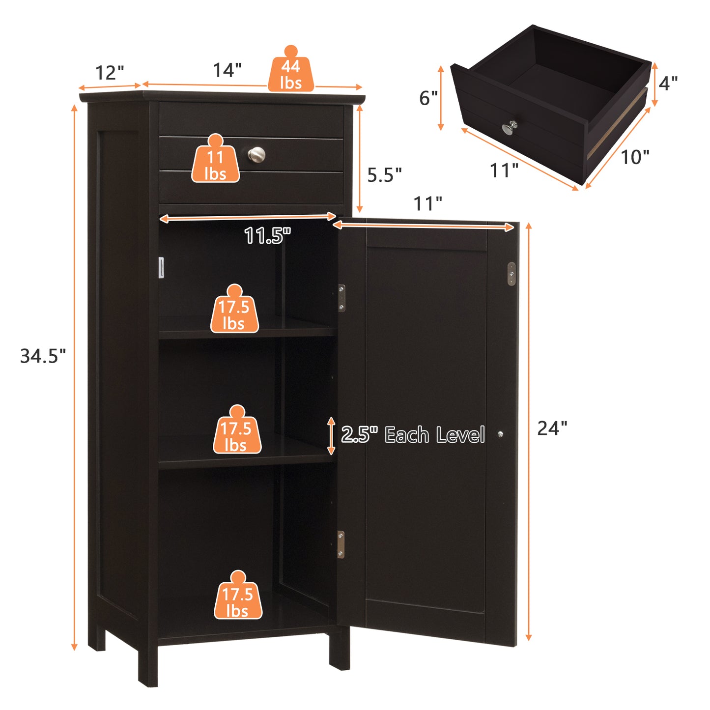 Wooden Storage Free-Standing Floor Cabinet with Drawer and Shelf, Brown Floor Cabinets at Gallery Canada